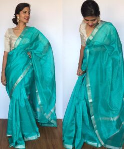 Turquoise Mangalagiri Silk Saree with Silver Zari Checks