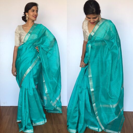 Turquoise Mangalagiri Silk Saree with Silver Zari Checks