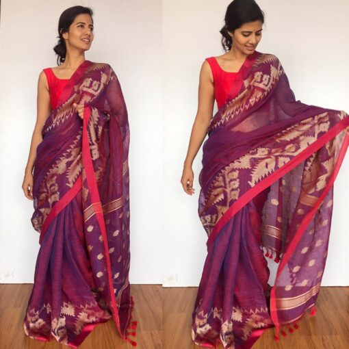 Purple Linen Jamdani Saree