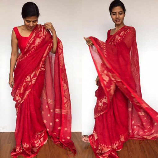 Red Linen Jamdani Saree