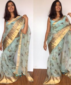 Baby Blue Pure Organza Saree with Gold Zari Weaves