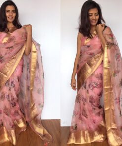 Dusty Pink Organza Saree with Gold Zari Weaves