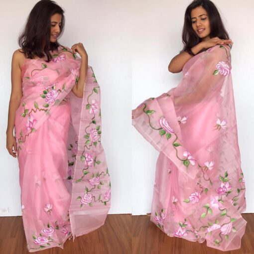 Baby Pink Hand Painted Organza Silk Saree