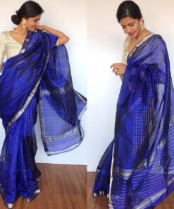 Royal Blue Mangalagiri Silk Saree with Silver Zari Checks