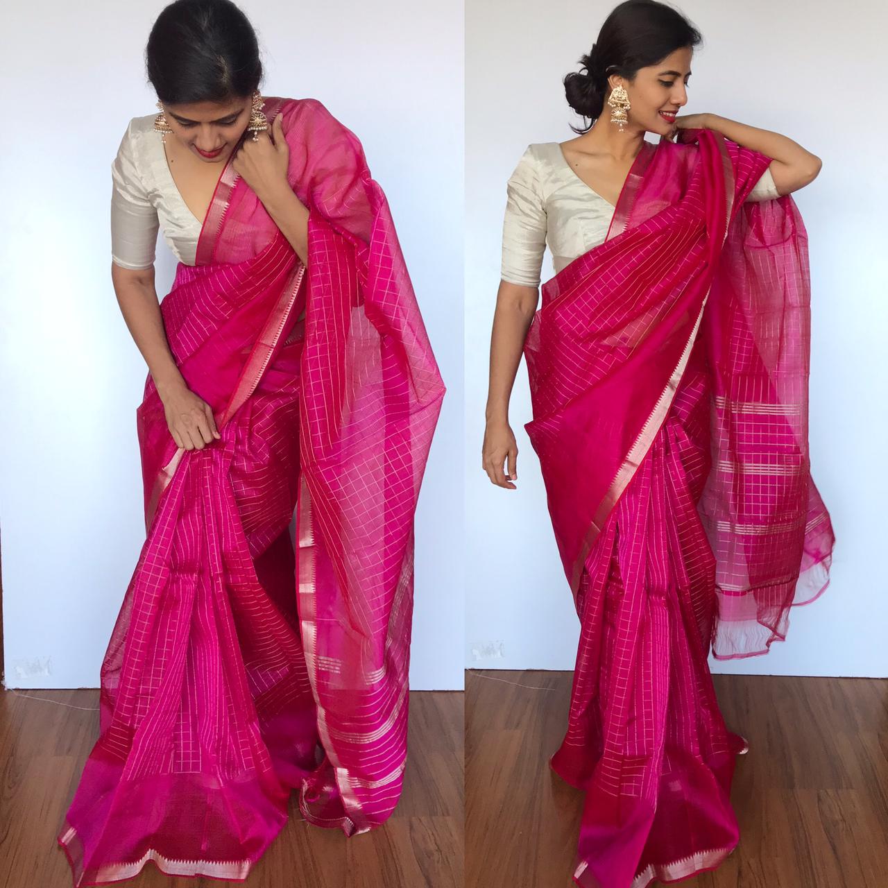 Pink Saree in Georgette With Stitched Blouse for Girls and Women