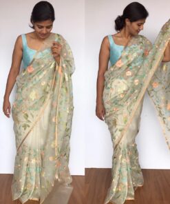 Offwhite Pure Organza Saree with Beautiful Floral Embroidery