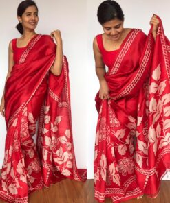 Scarlet Red Pure Silk Saree with Hand Painted Florals