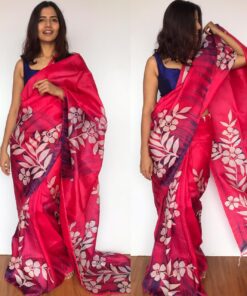 Pink Pure Silk Saree with Hand Painted Florals