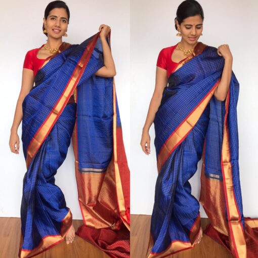 Royal Blue Kanjivaram Silk Saree with Gold Zari Checks