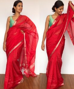 Scarlet Red Mangalagiri Silk Saree with Silver Zari Checks