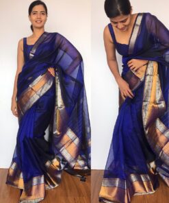 Royal Blue Mangalagiri Silk Saree with Kanchi Silk Border