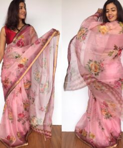 Baby Pink Kota Silk Saree with Beautiful Floral Prints