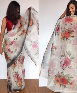 White Kota Silk Saree with Beautiful Floral Prints