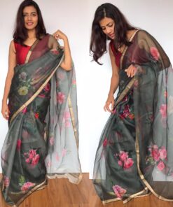 Grey Kota Silk Saree with Beautiful Floral Prints