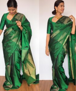 Bottle Green Kanjivaram Silk Saree with Handwoven Gold Silver Zari Weaves with Paisley Motifs