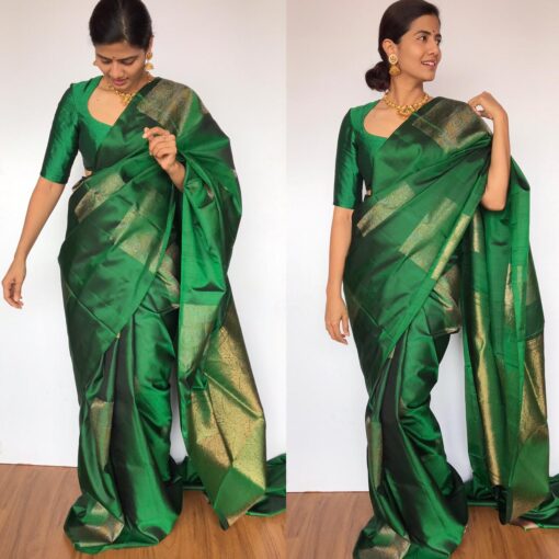 Bottle Green Kanjivaram Silk Saree with Handwoven Gold Silver Zari Weaves with Paisley Motifs