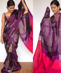 Purple Kanjivaram Silk Saree with Handwoven Gold and Silver Zari Weaves