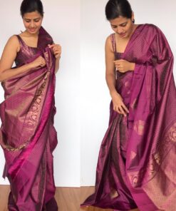 Wine Kanjivaram Silk Saree with Handwoven Gold Zari Checks