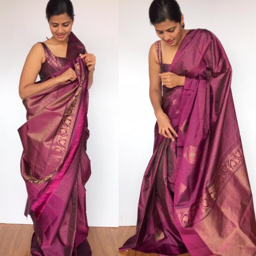 Wine Kanjivaram Silk Saree with Handwoven Gold Zari Checks