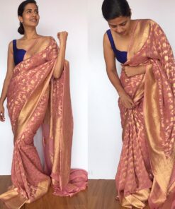 Dusty Pink Banarasi Silk Saree in Georgette adorned with Gold Zari Weaves