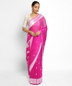 Rani Pink Banarasi Silk Saree in Pure Khaddi Chiffon