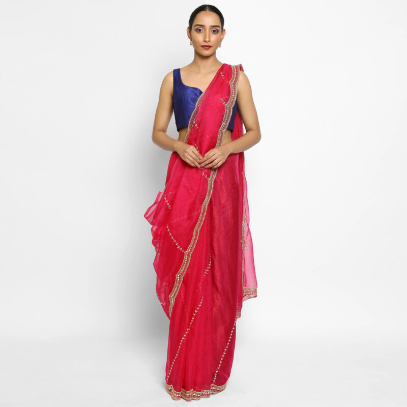 Hot Pink organza saree with Embroidery | Mirra clothing