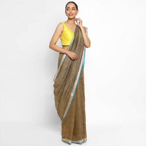 Handwoven Pure Light Brown Linen Saree