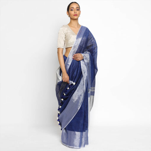 Handwoven Pure Blue Linen Saree