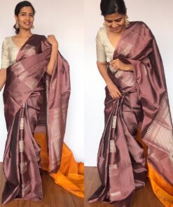 Mauve Kanjivaram Silk Saree with Handwoven Silver Zari Buttas