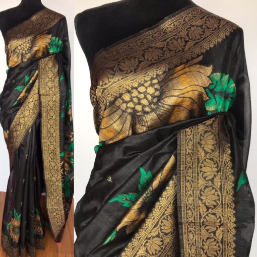 Black Banarasi Silk Saree with Beautiful Floral Zari Weaves