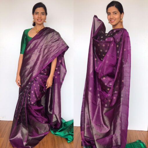 Purple Kanjivaram Silk Saree with Handwoven Silver and Gold Zari Weaves