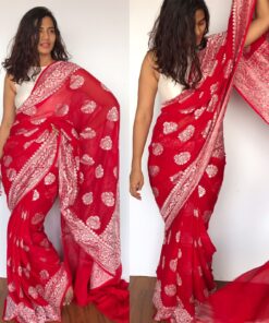 Scarlet Red Banarasi Khaddi Georgette Saree