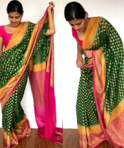 Bottle Green Banarasi Khaddi Georgette Saree with Antique Gold Zari Weaves