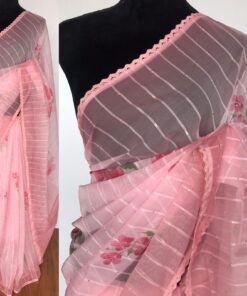 Pink Organza Saree with Floral Prints