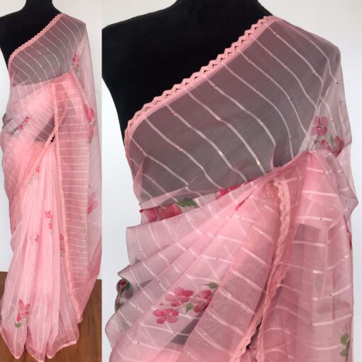 Pink Organza Saree with Floral Prints