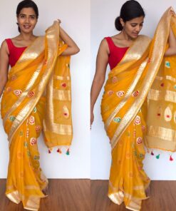 Pure Yellow Khaddi Banarasi Silk Saree in Chiffon with Beautiful Meenakari Weaves