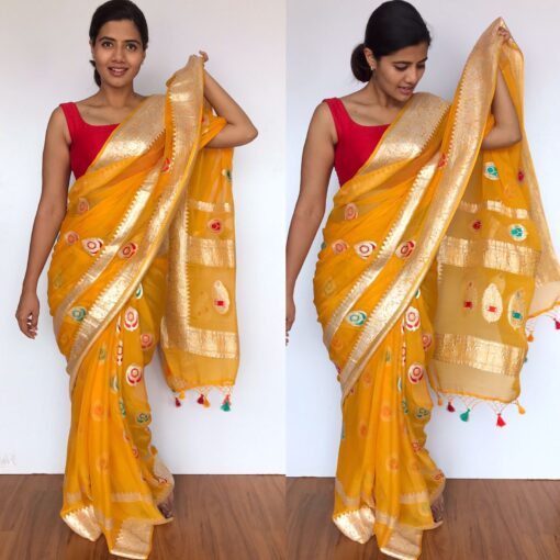 Pure Yellow Khaddi Banarasi Silk Saree in Chiffon with Beautiful Meenakari Weaves