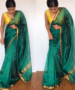 Emerald Green Mangalagiri Silk Saree with Gold Zari Checks