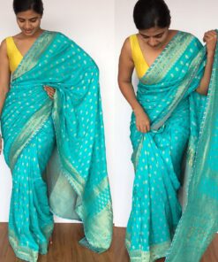 Blue Banarasi Silk Saree in Georgette with Gold Zari Weaves highlighted with Beautiful Zardozi Embroidery and Gota Piping