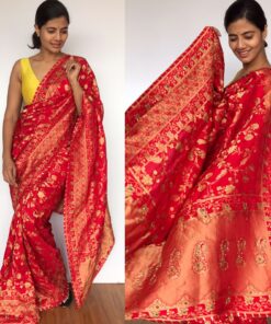 Peachy Red Banarasi Saree in Georgette with Intricate Floral Zari Jaal