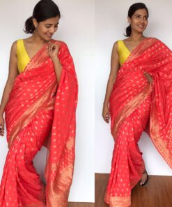 Peach Banarasi Georgette Saree with Golden Zari Weaves highlighted with Beautiful Zardozi Embroidery and Gota Piping