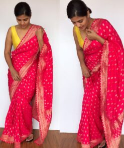 Rani Pink Banarasi Georgette Saree with Golden Zari Weaves highlighted with Beautiful Zardozi Embroidery and Gota Piping