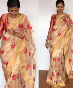 Pure Gold Tissue Silk Saree with Floral Embroidery