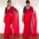 Scarlet Red Chiffon Saree with Badla work