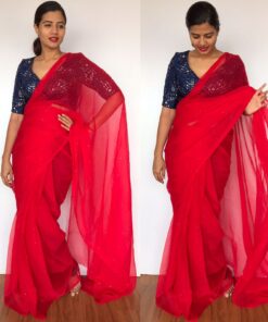 Scarlet Red Chiffon Saree with Badla work