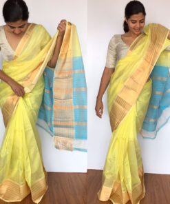 Pastel Yellow Mangalagiri Silk Saree with Gold Zari Kanchi Silk Border