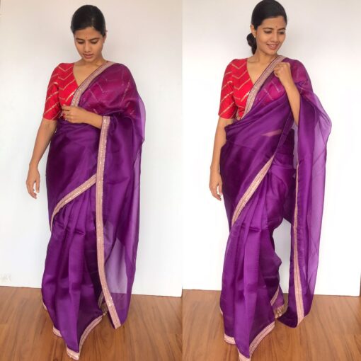 Eggplant Purple Hand Embroidered Organza Silk Saree