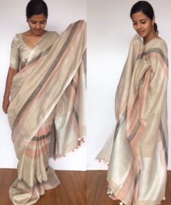 Beige Multicolor Linen Saree