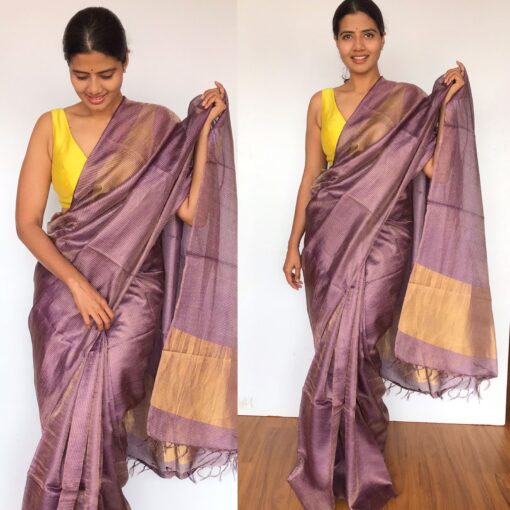 Pure Lilac Tussar Silk Saree with Tissue Silk Zari Weaves