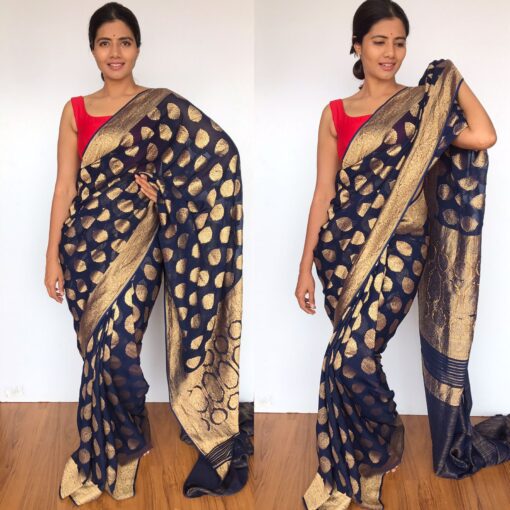 Navyblue Banarasi Georgette Saree with Golden Zari Weaves